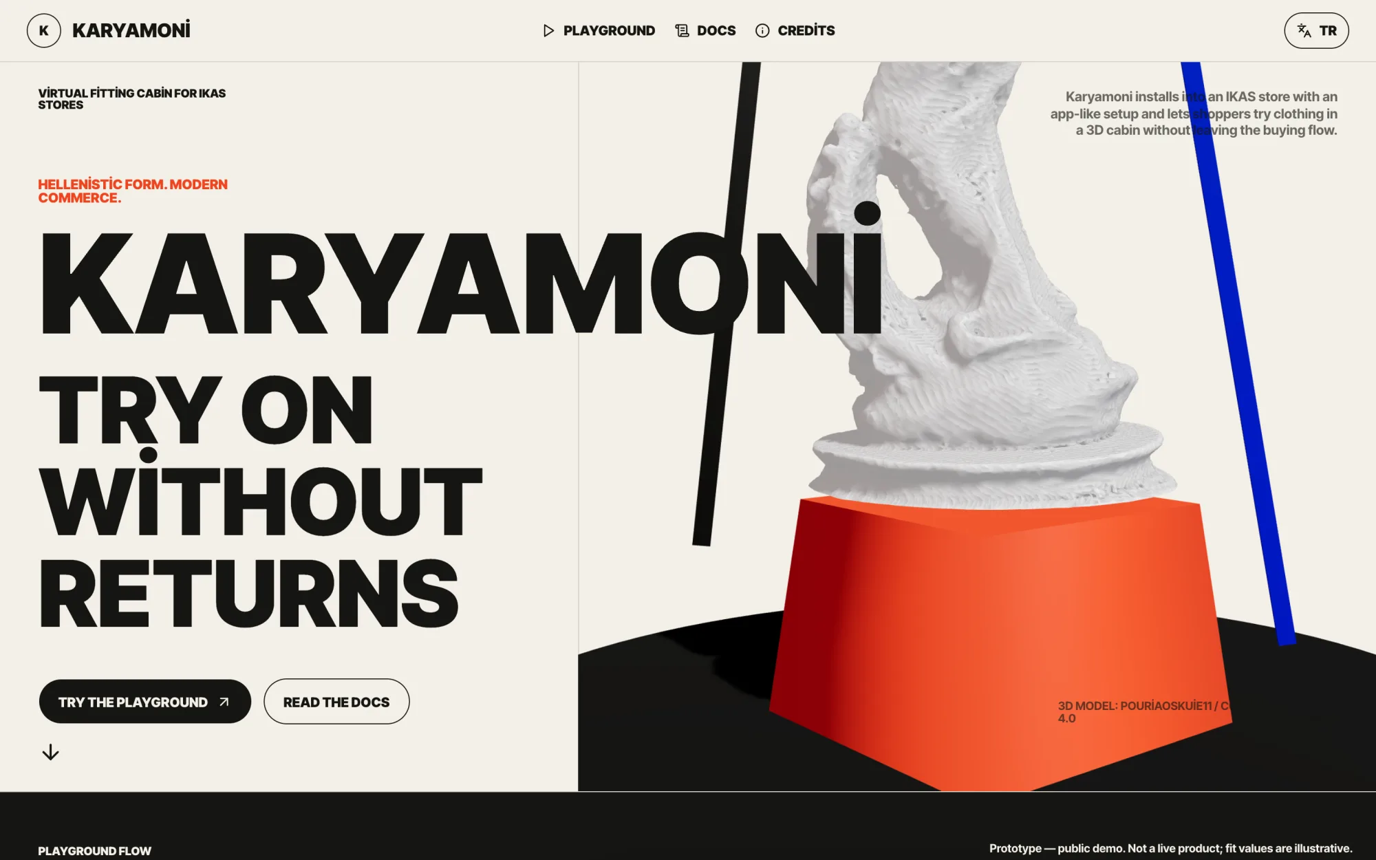 Karyamoni landing page: a large KARYAMONİ wordmark and the line “Try on without returns” beside a 3D statue on an orange plinth.
