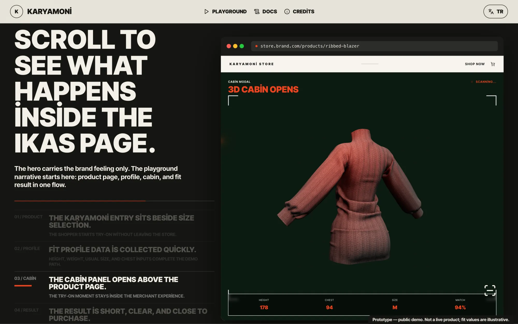 The Karyamoni walkthrough: a mock store product page with a 3D knitted dress in a fitting cabin, showing height, chest, size and match values.
