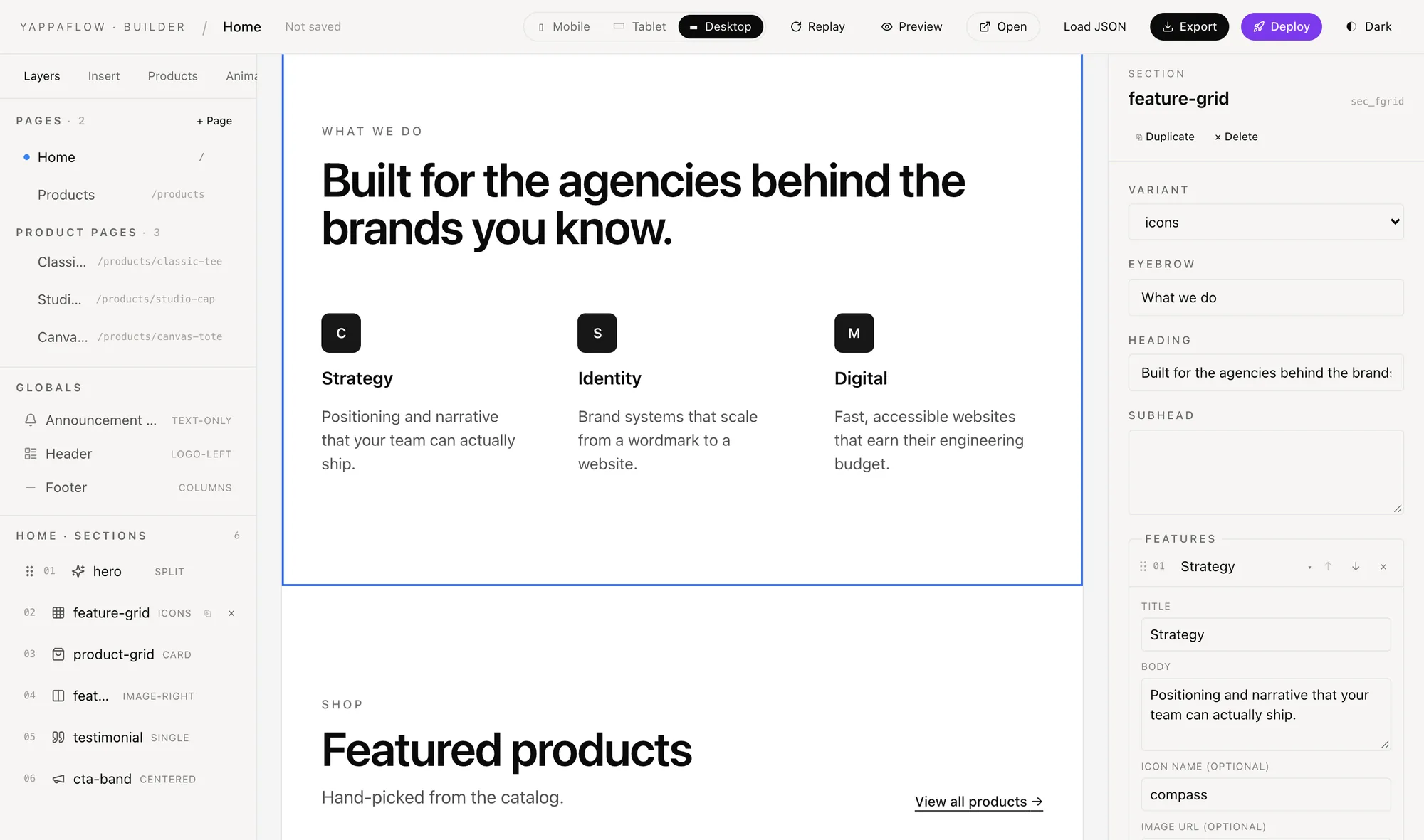 The Yappaflow builder: a page and section list on the left, a generated studio site in the centre with the feature section selected, and that section’s editable fields on the right.
