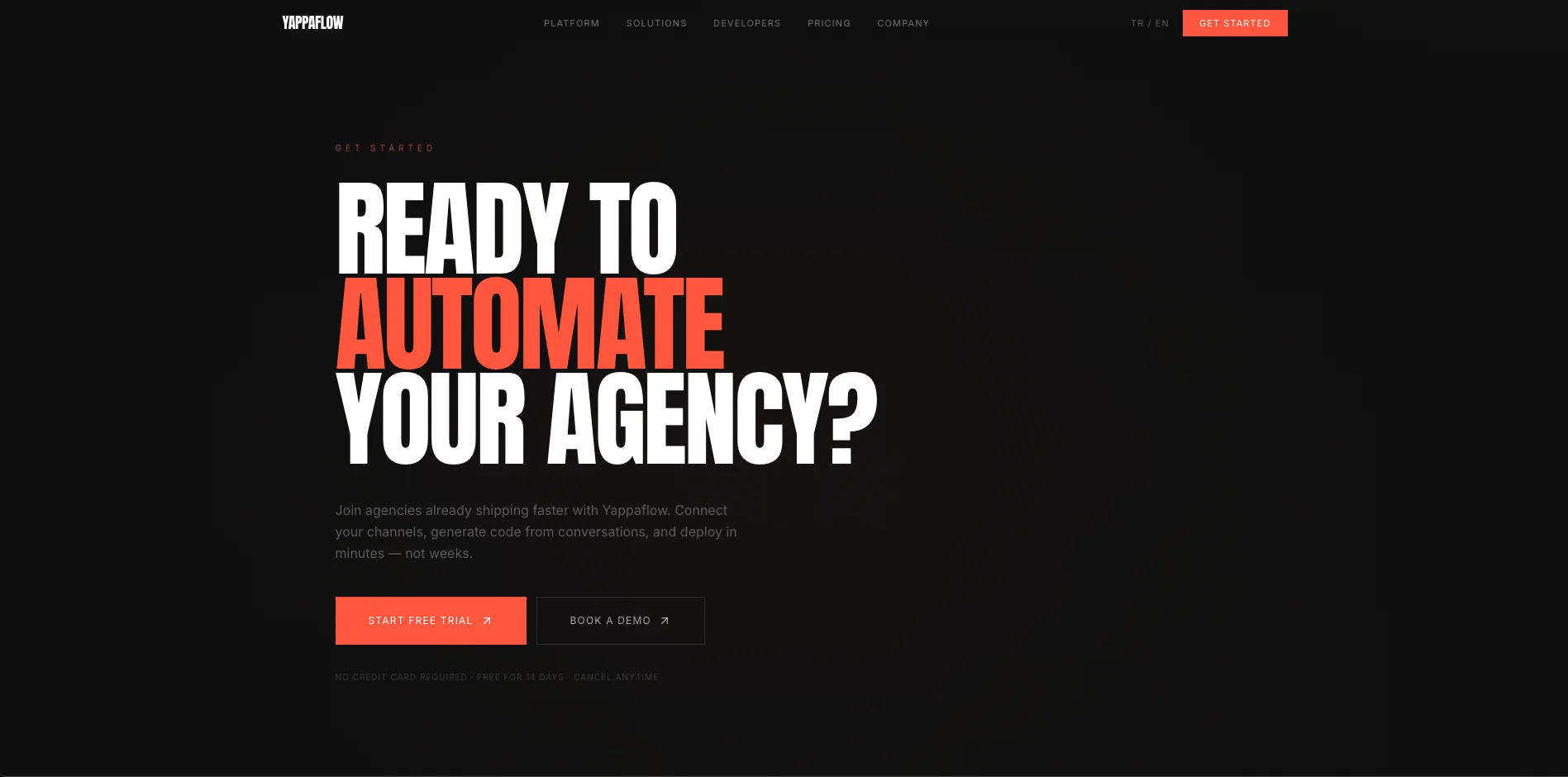 Yappaflow landing page closing section: the headline “Ready to automate your agency?” above start-free-trial and book-a-demo buttons.