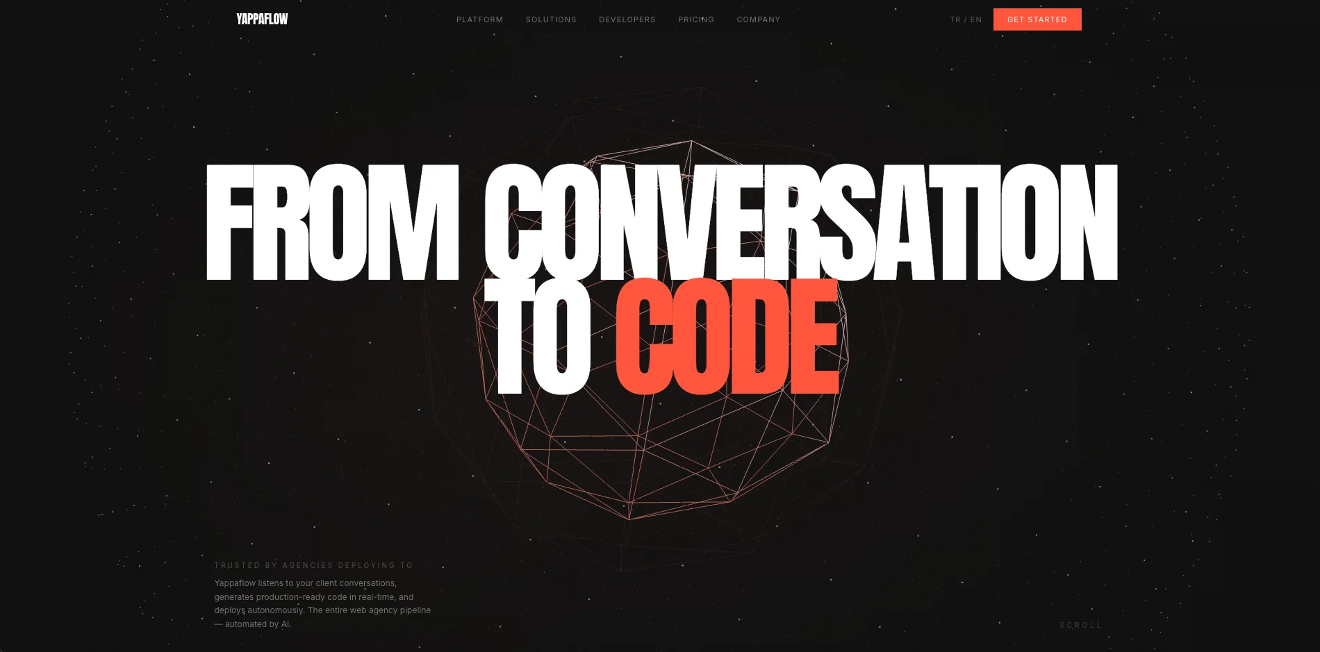 Yappaflow landing page hero: the headline “From conversation to code” in white and orange over a wireframe sphere on a dark starfield, with a short description of the platform at the bottom left.